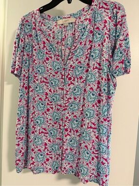 LOFT Pink and Teal Floral V-Neck Short Sleeve Top